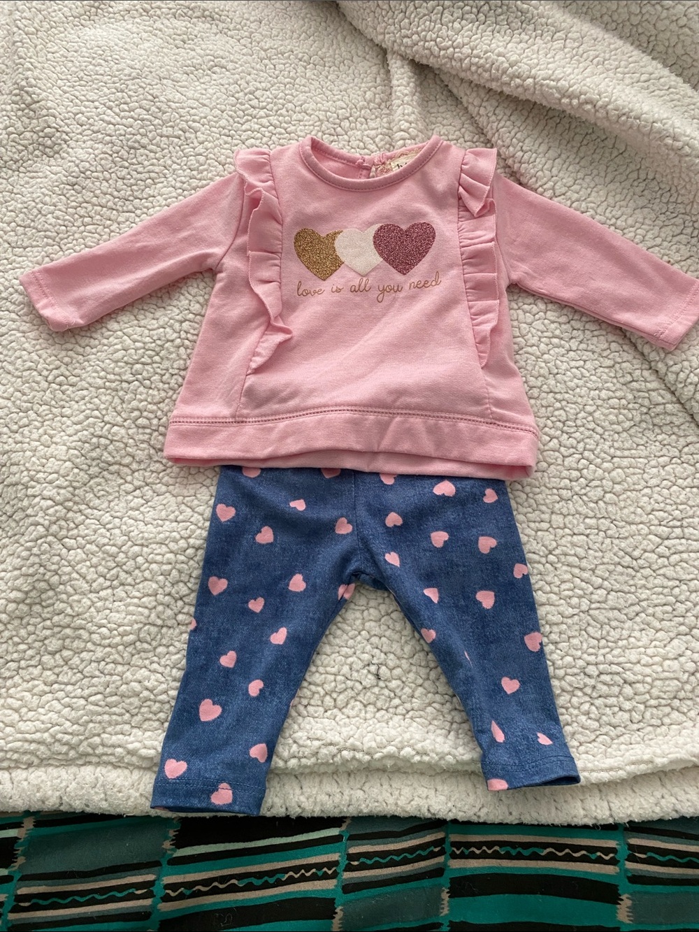 btween Pink Top and Blue Heart Leggings Kids Matching Set
